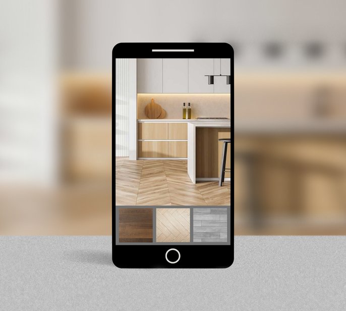 Roomvo product visualizer app on smartphone from A Touch Of Magic Flooring in Emerald Isle, NC